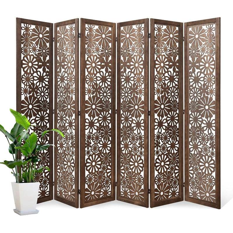 Brown Carved Wooden Folding Privacy Divider