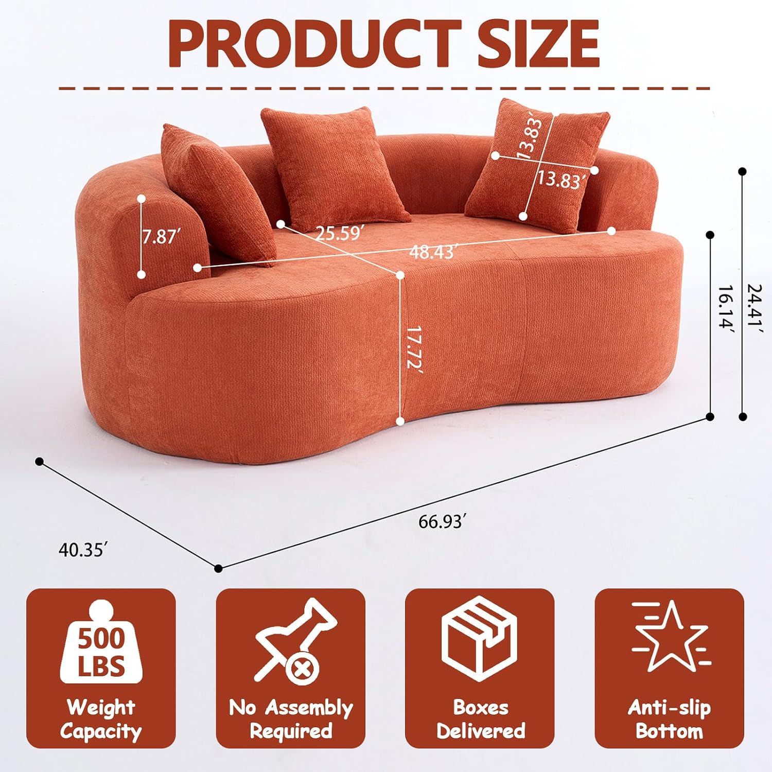 Orange Chenille Curved Loveseat Sofa