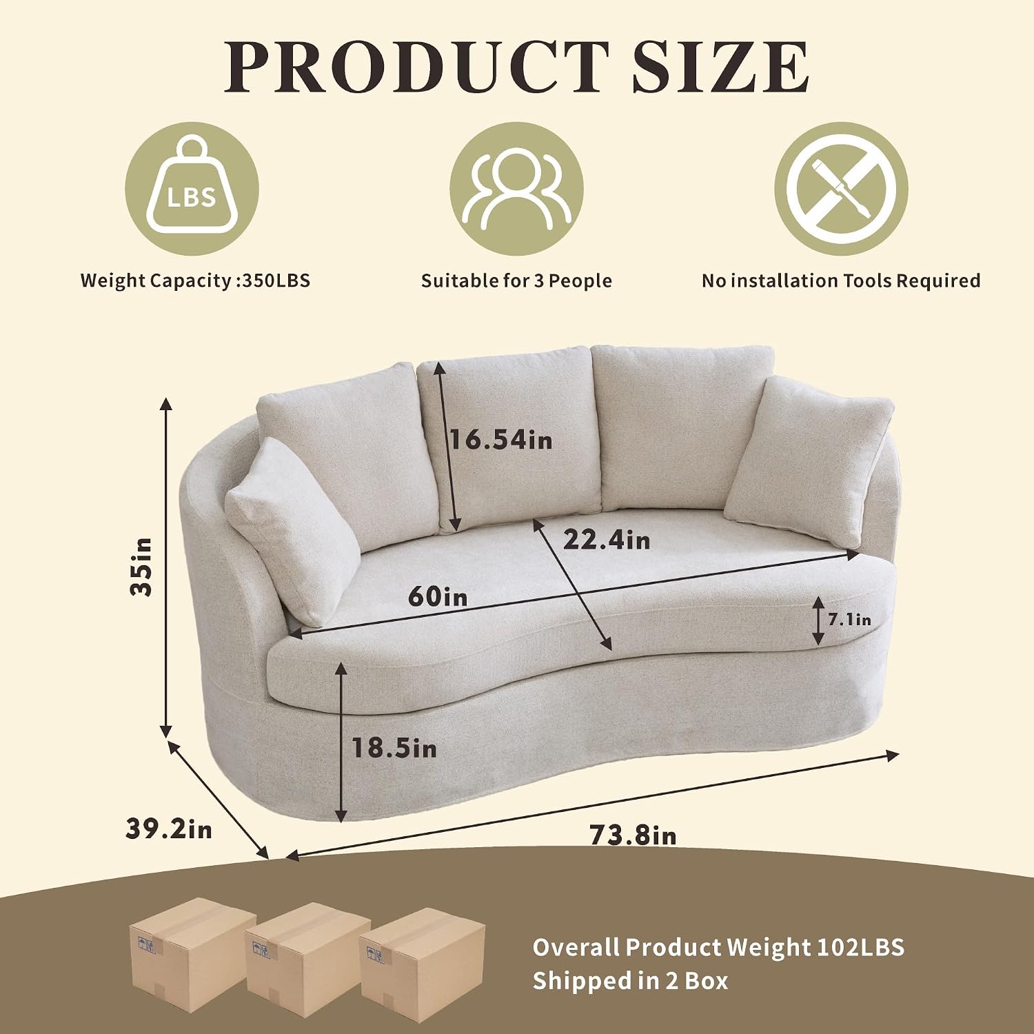 Beige Modern Curved 3‑Seater Sofa