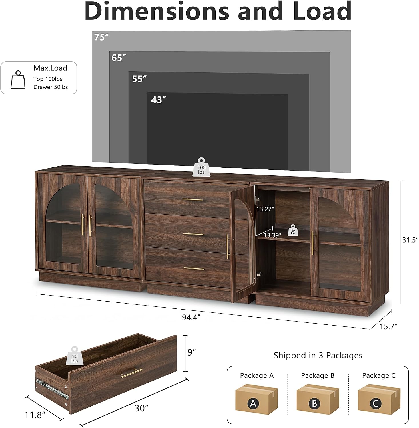 Mid‑Century Walnut Large TV Console Stand