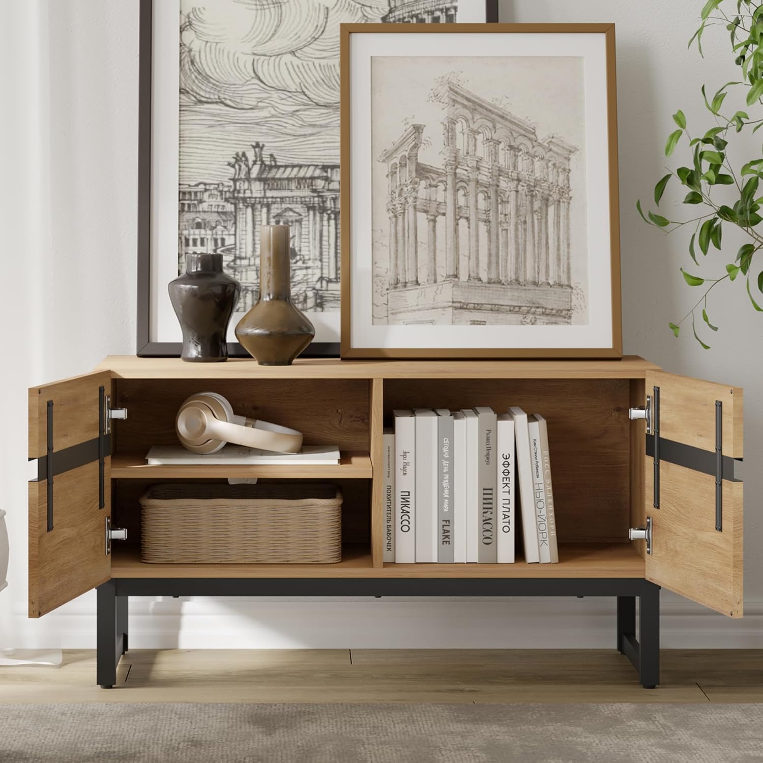 Oak Modern Large Storage TV Console Stand
