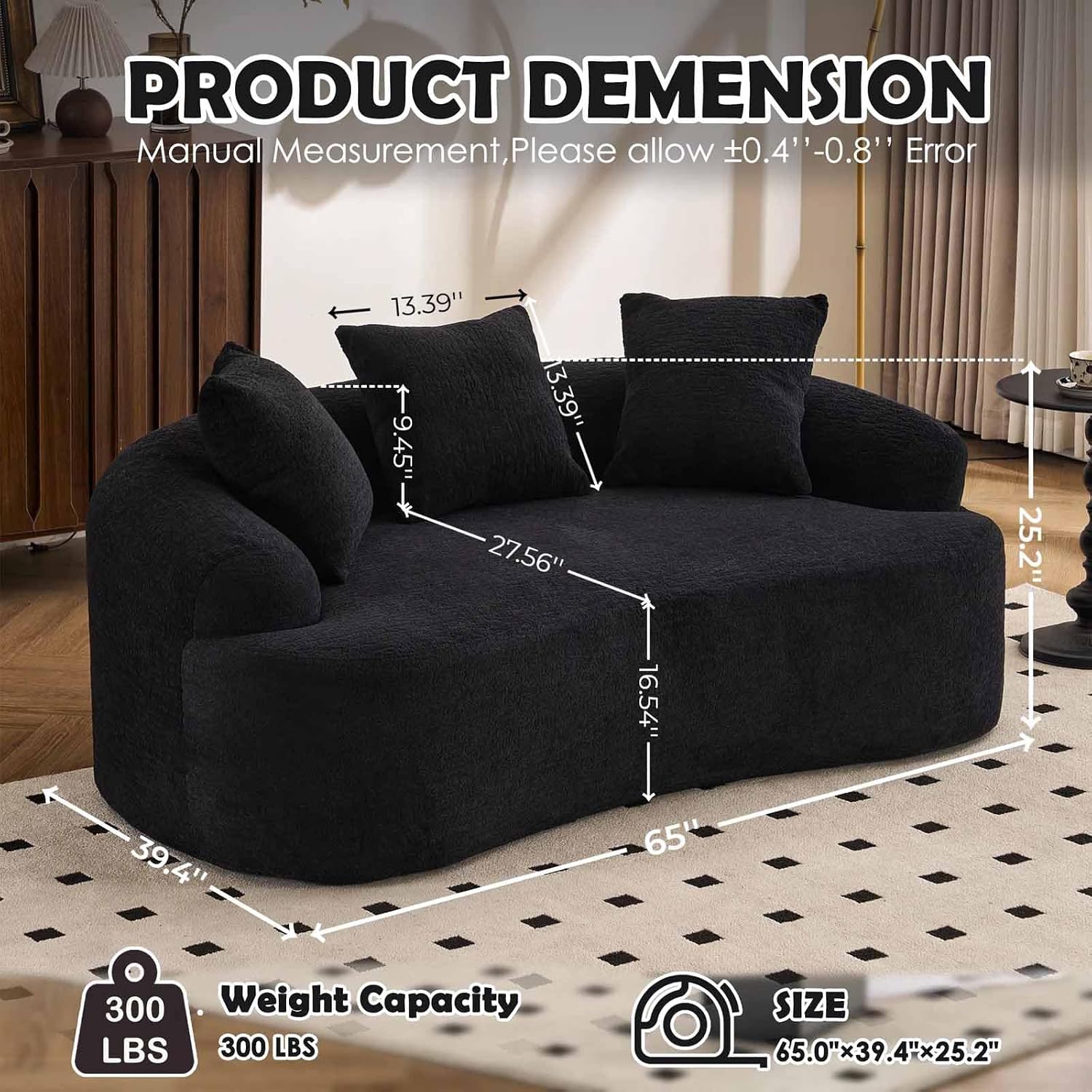 Black Chenille Curved Loveseat Sofa