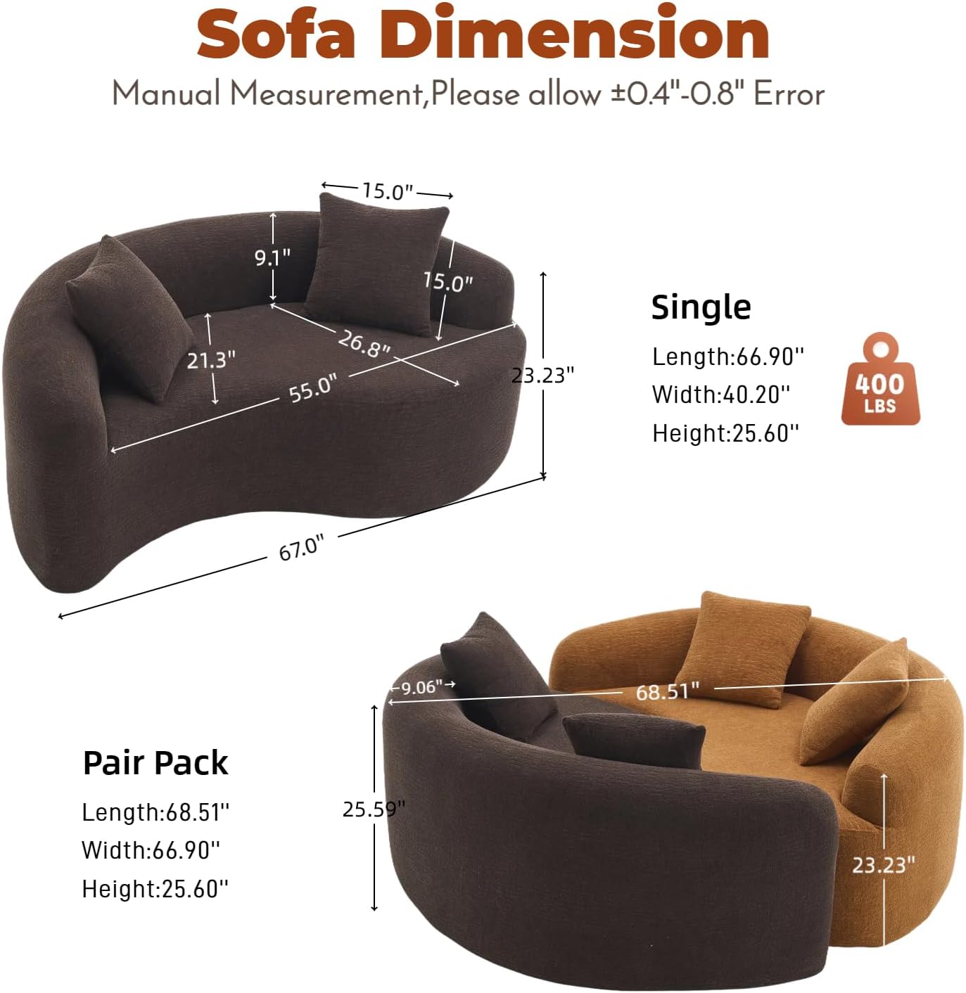 Brown Chenille Curved Loveseat Sofa