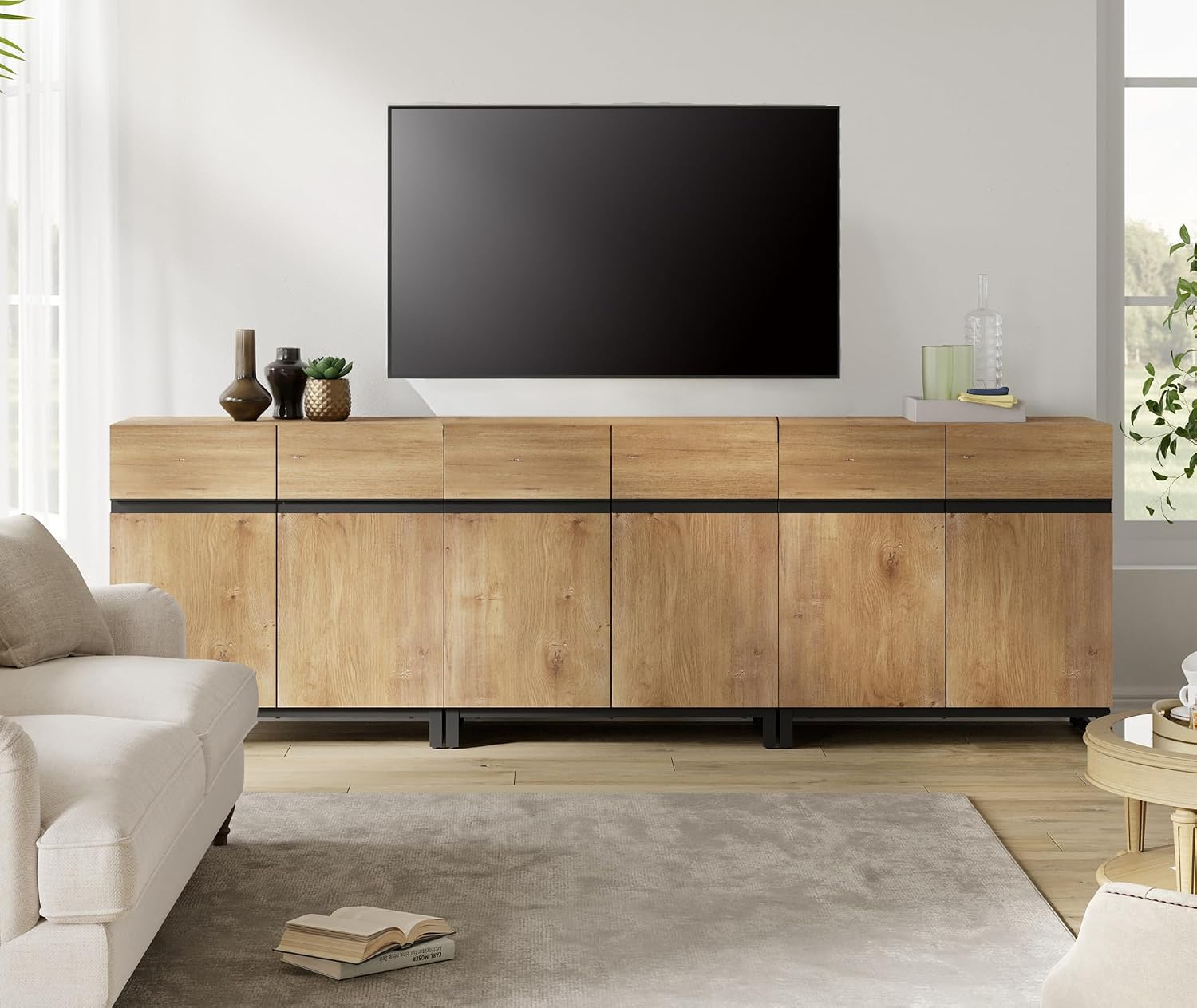 Oak Modern Large Storage TV Console Stand