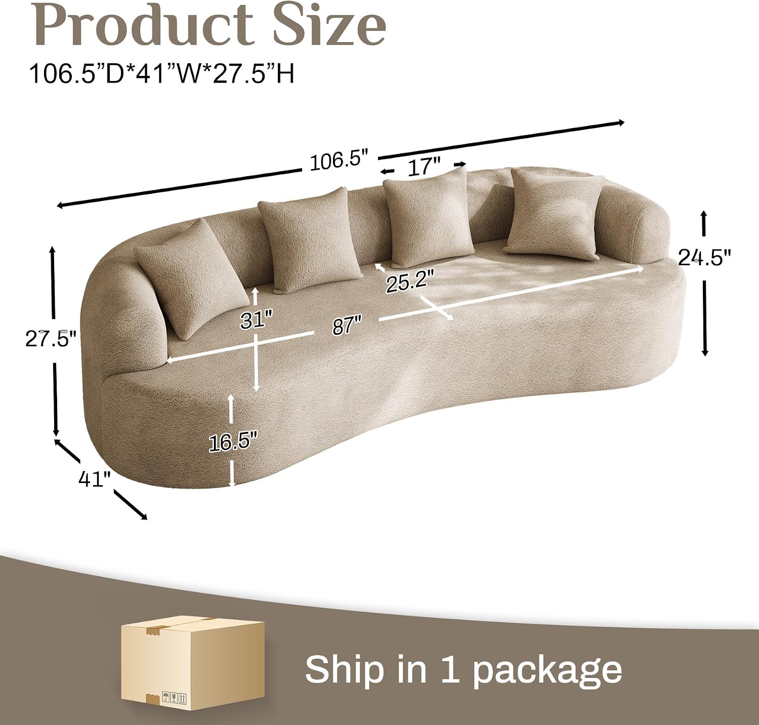 Light‑Brown Chenille Curved 4‑Seater Sofa