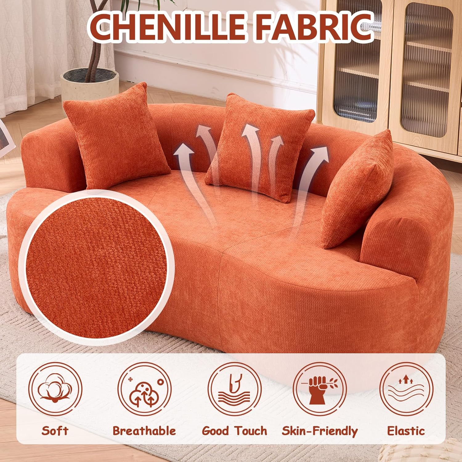 Orange Chenille Curved Loveseat Sofa