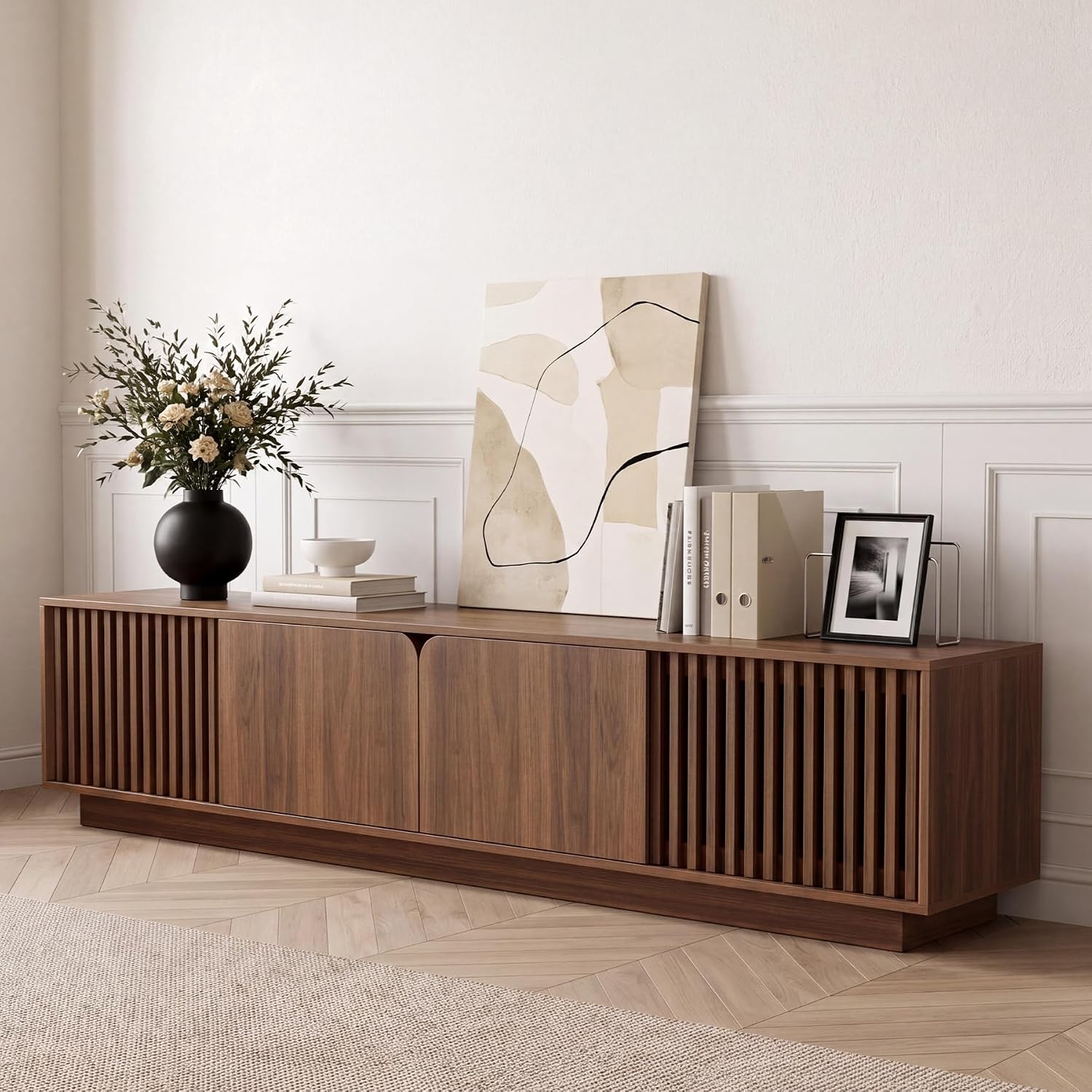 Slat‑Door Modern Storage TV Console Stand