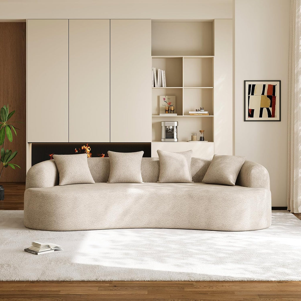 Light‑Brown Chenille Curved 4‑Seater Sofa