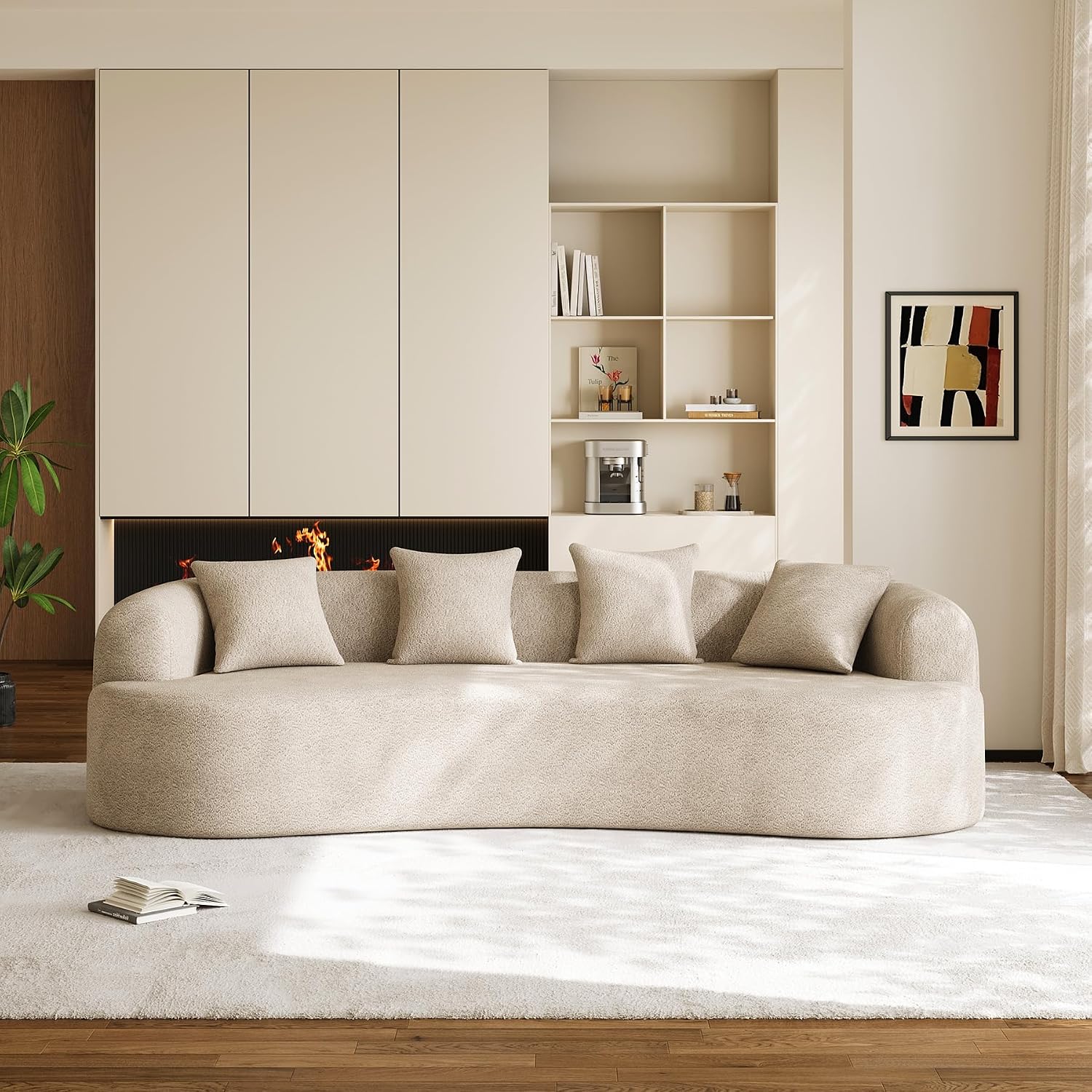Light‑Brown Chenille Curved 4‑Seater Sofa