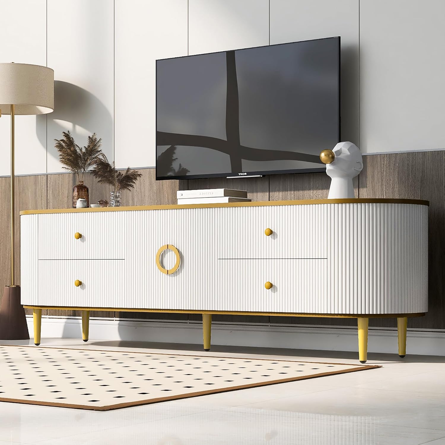 White Curved Modern Storage TV Console