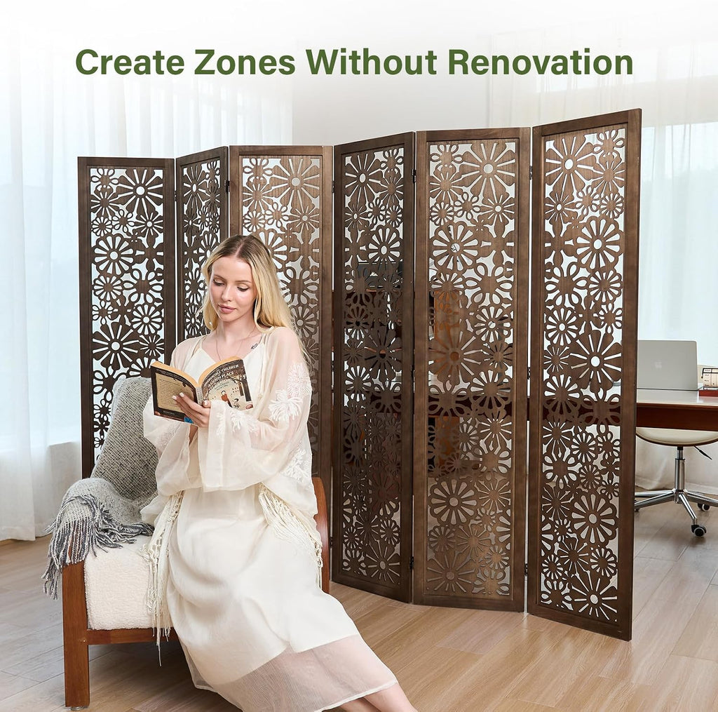 Brown Carved Wooden Folding Privacy Divider