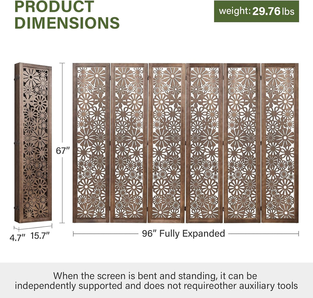Brown Carved Wooden Folding Privacy Divider