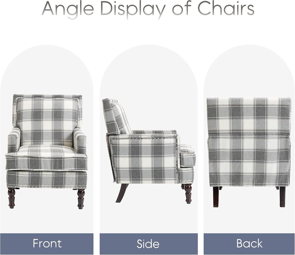 Antique‑Grey Checkered Mid‑Century Accent Chair