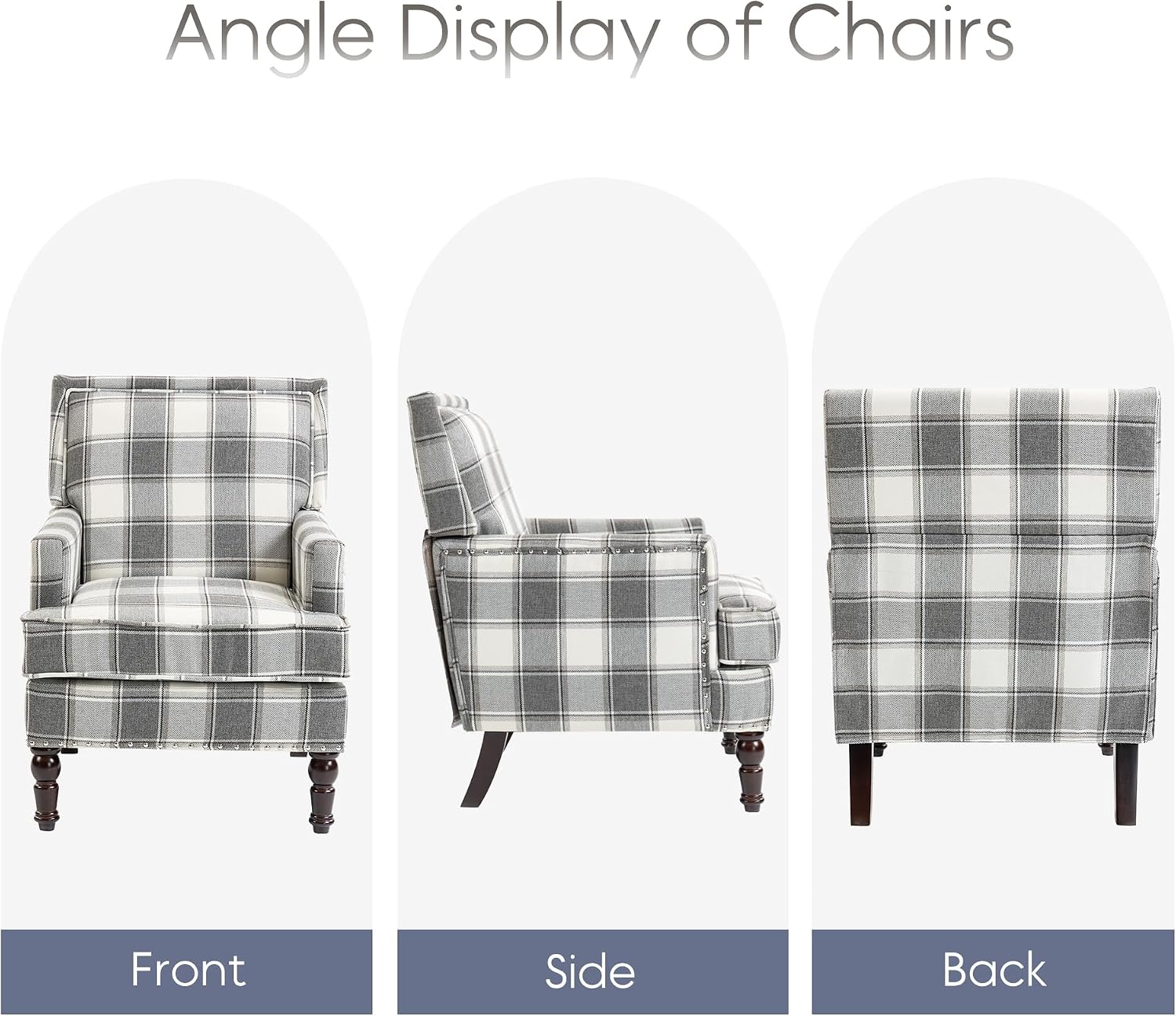 Antique‑Grey Checkered Mid‑Century Accent Chair