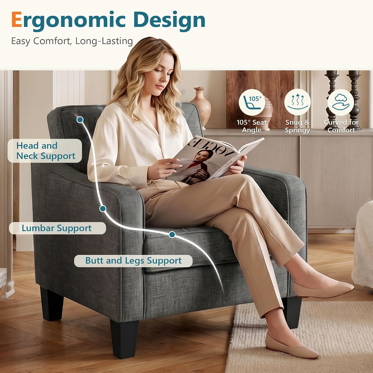 Grey Wide Comfy Living‑Room Accent Chairs