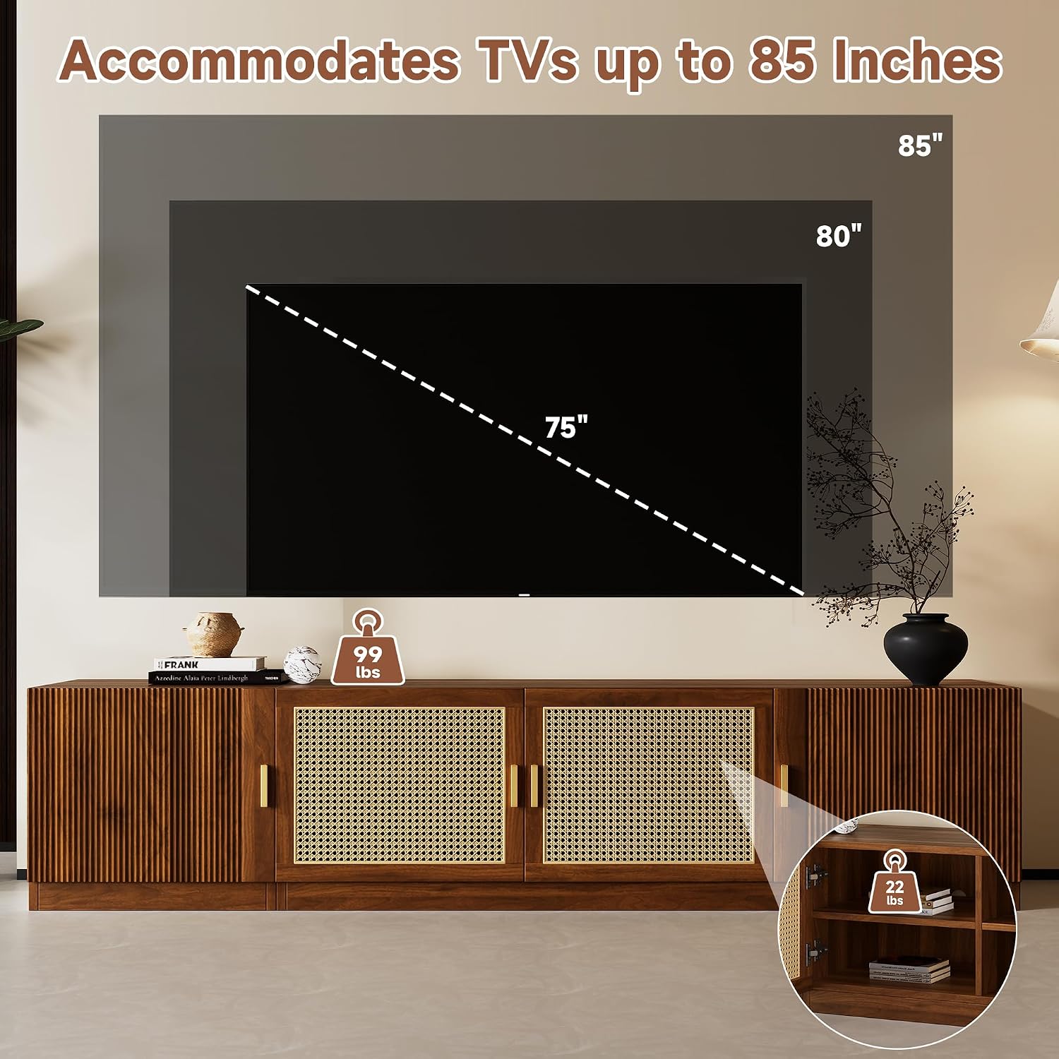 Mid‑Century Rattan Fluted TV Console Stand