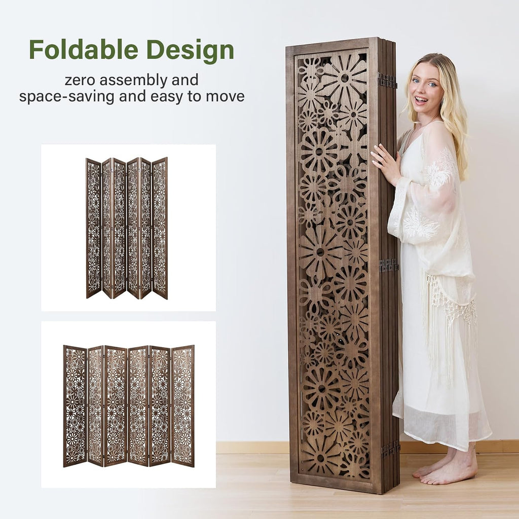 Brown Carved Wooden Folding Privacy Divider