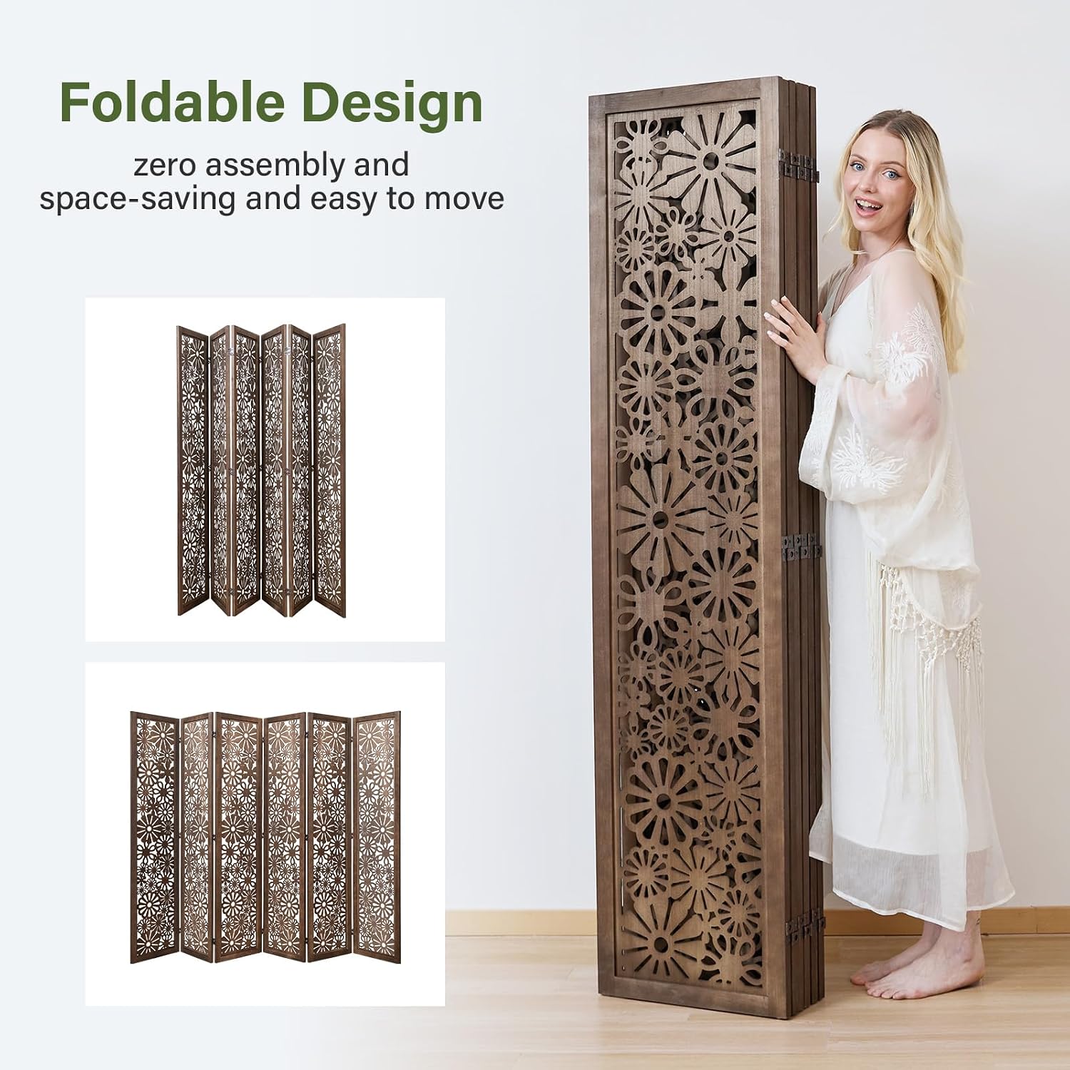 Brown Carved Wooden Folding Privacy Divider