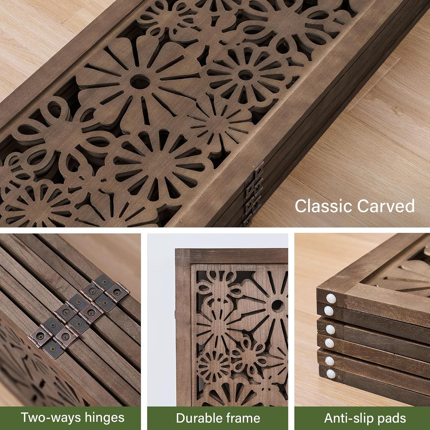 Brown Carved Wooden Folding Privacy Divider