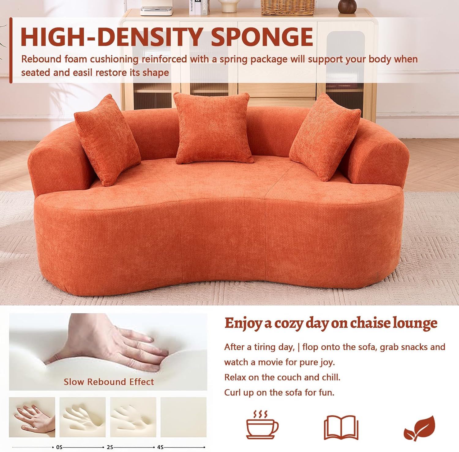 Orange Chenille Curved Loveseat Sofa