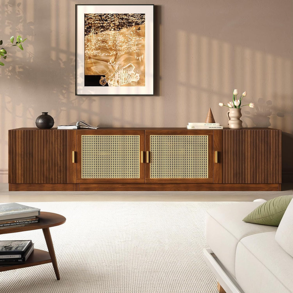 Mid‑Century Rattan Fluted TV Console Stand