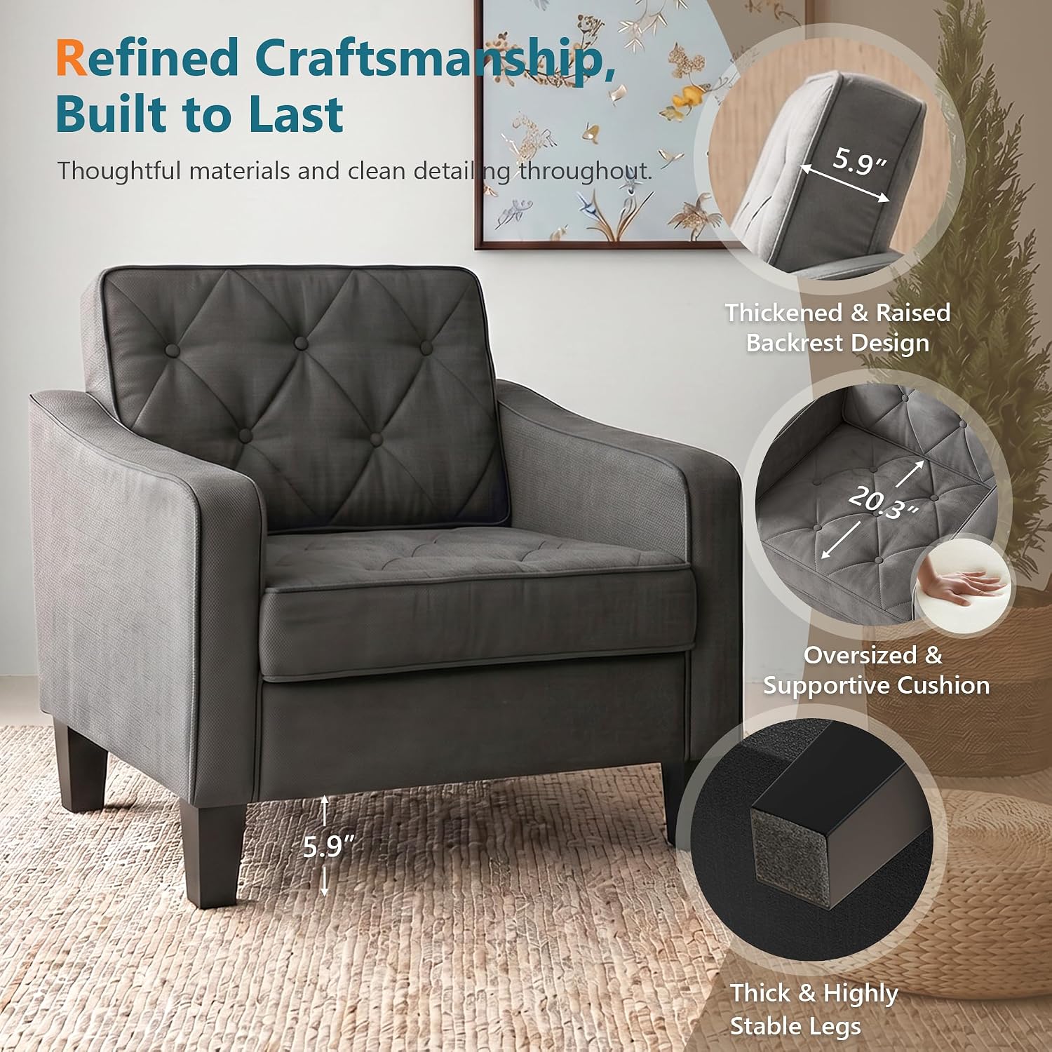 Grey Wide Comfy Living‑Room Accent Chairs