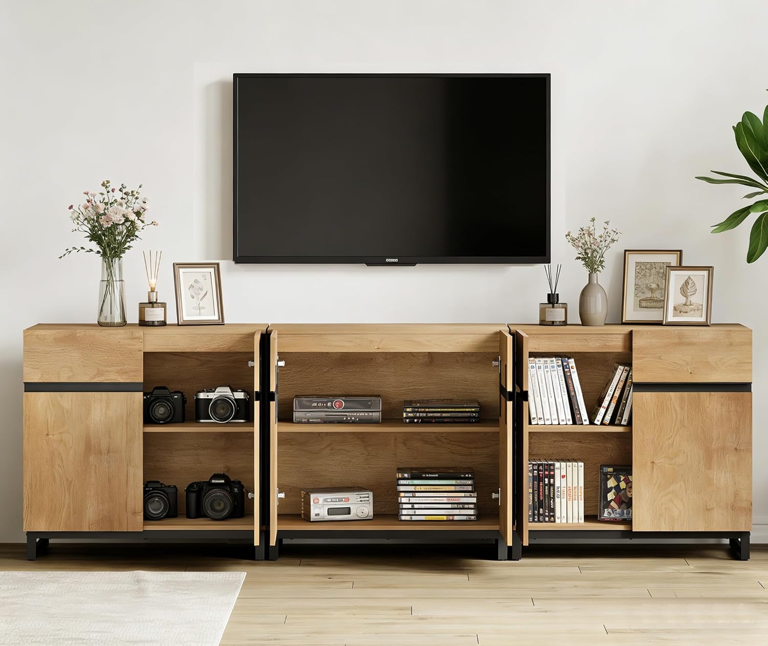 Oak Modern Large Storage TV Console Stand