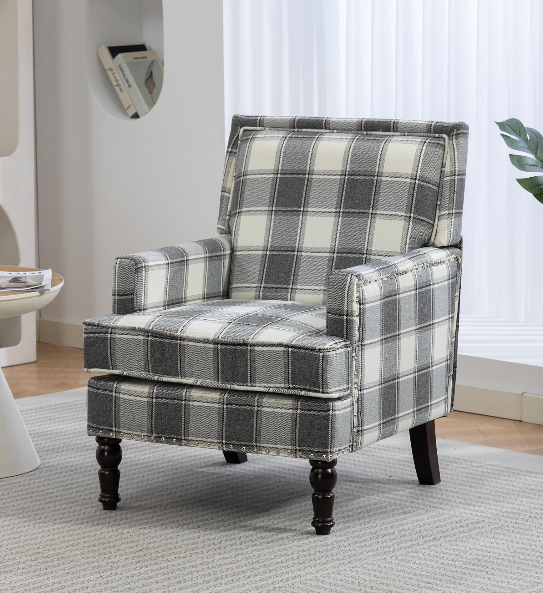 Antique‑Grey Checkered Mid‑Century Accent Chair