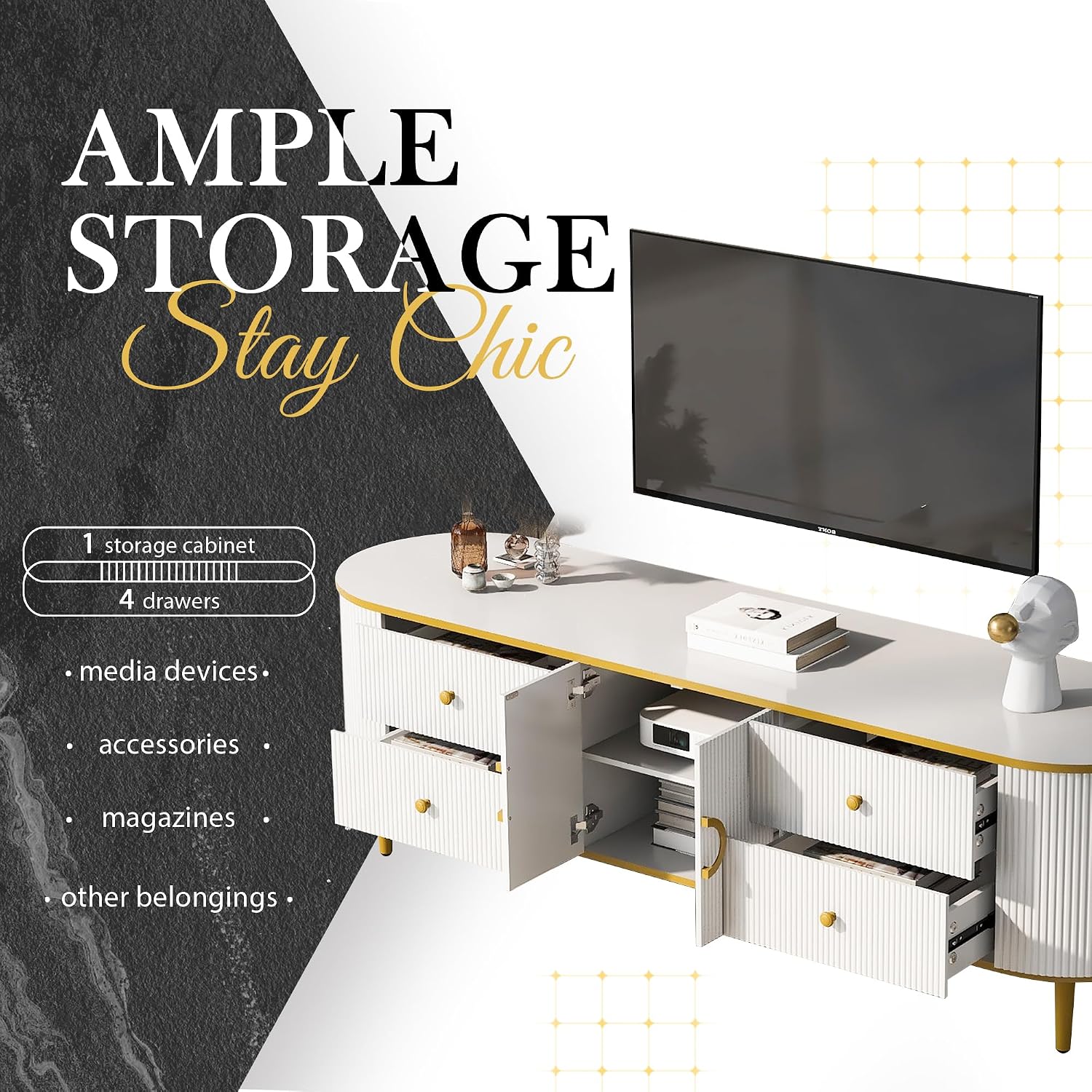 White Curved Modern Storage TV Console