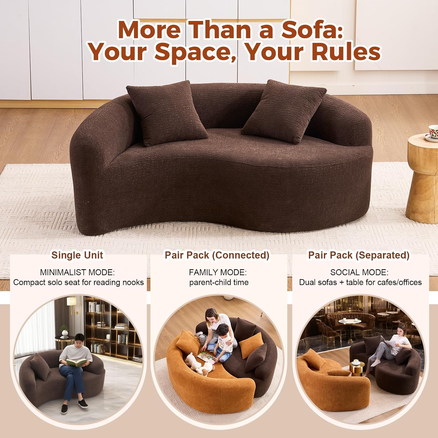 Brown Chenille Curved Loveseat Sofa