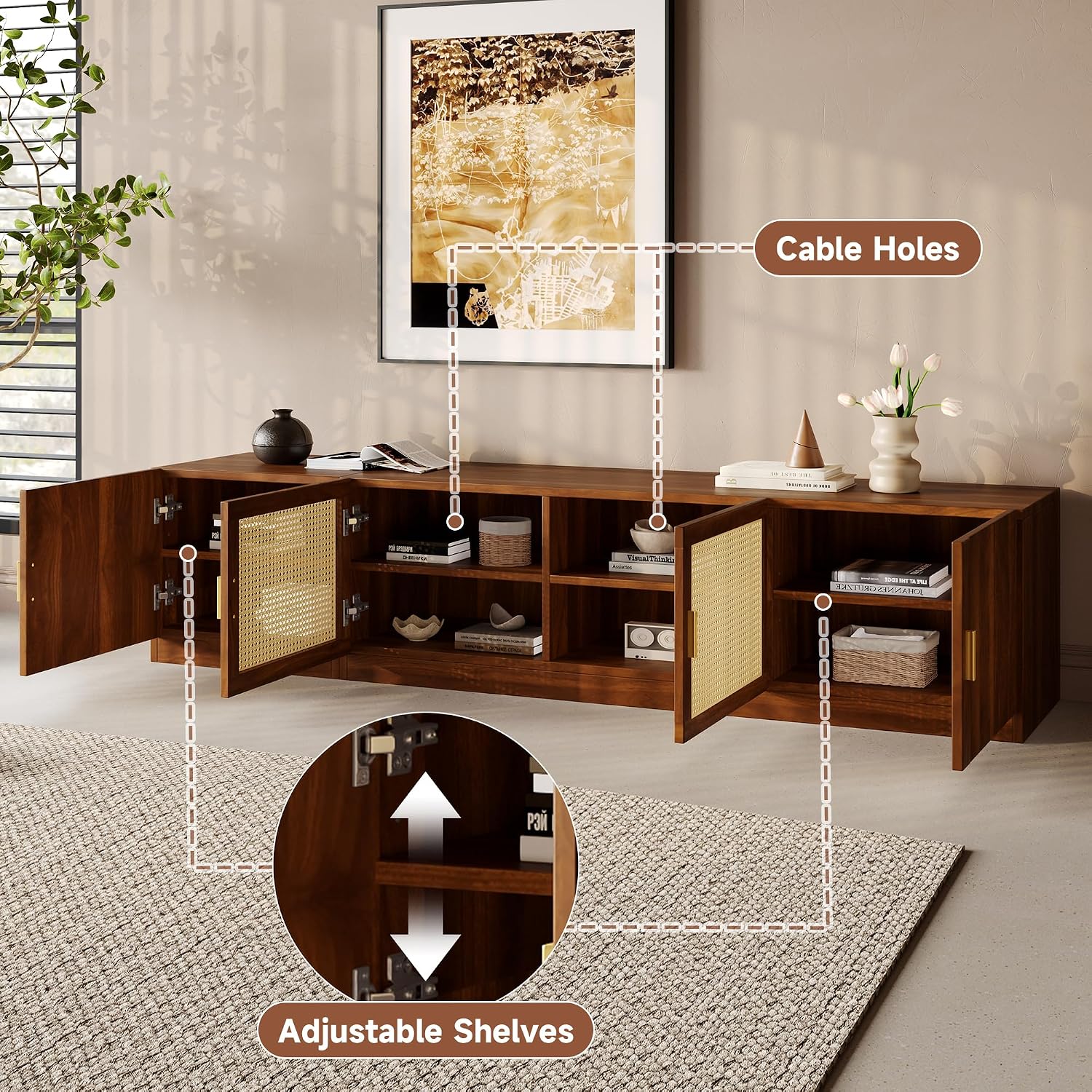 Mid‑Century Rattan Fluted TV Console Stand