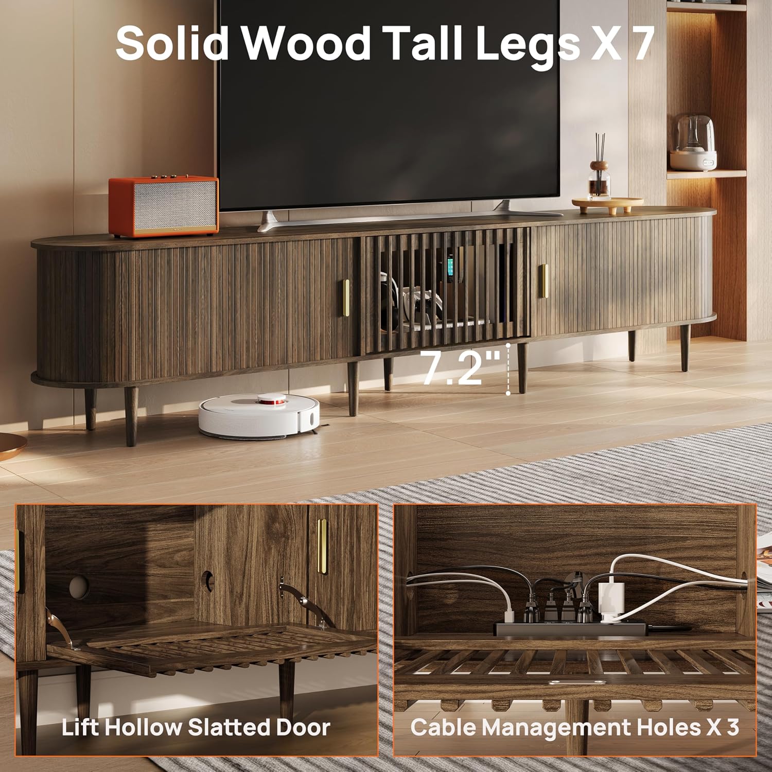 Fluted Walnut Modern Large TV Console Stand