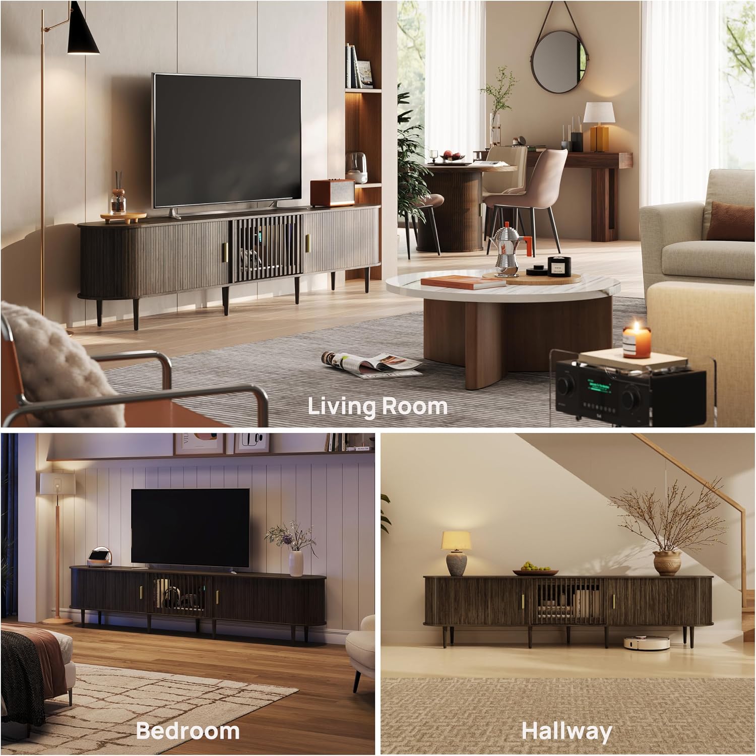 Fluted Walnut Modern Large TV Console Stand